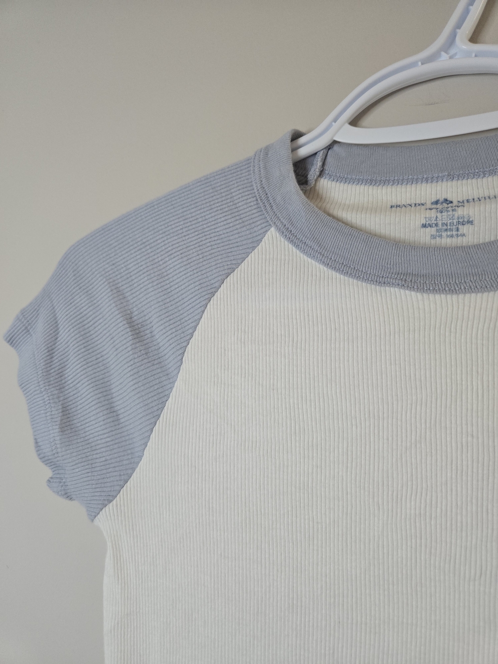 Brandy Melville White Ribbed Raglan Tee with Light Blue Sleeves - Picture 4 of 5